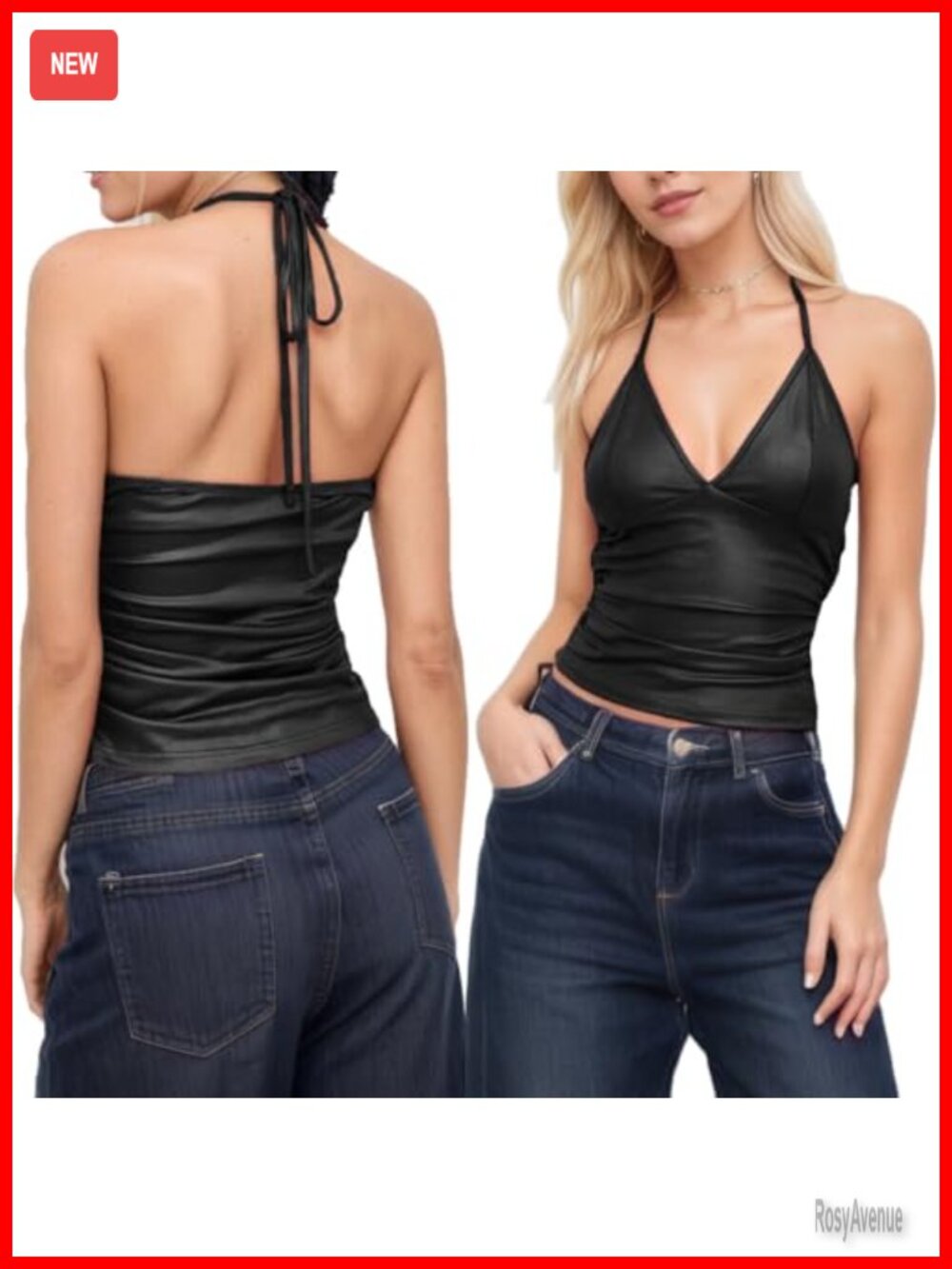 Faux Leather Tie Back Halter Top Slim Fit Ruched Backless Cami Shirt